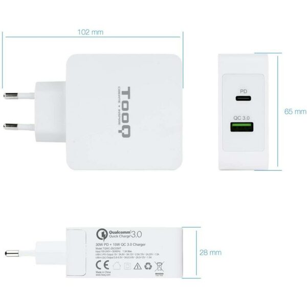 CARGADOR SMARTPHONE/TABLET TOOQ USB-C + USB-A 3.0 48W FAST CHARGER - Imagen 3