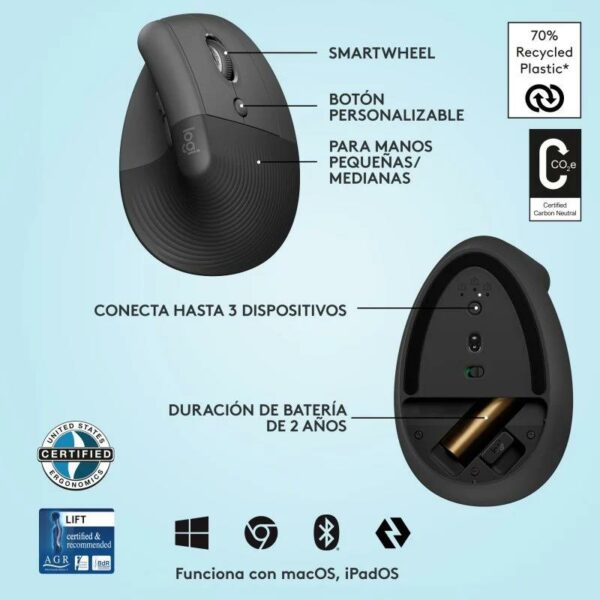 RATON LOGITECH LIFT VERTICAL WIRELESS ERGONOMIC 4000DPI 6 BOTONES BLACK - Imagen 3